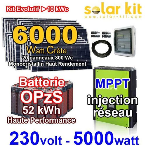 Kit solaire 230V 5000 W - 6000Wc MPPT - batterie OpzS - injection réseau